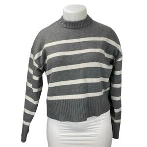 H&M Women's Gray Striped Mock Neck Long Sleeve Crop Sweatshirt Sweater Top Sz M